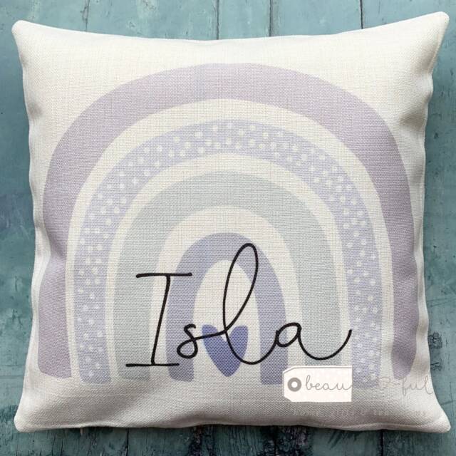 Personalised Name Lilac Pastel Rainbow Design Home Quote Boho Linen Style Cushion Cover