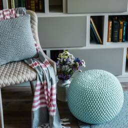 Light Green Knit Pouf, Handmade Crochet Round Footstool, Knit Large Floor Ottoman, Pale Mint Ottoman - thumbnail 3
