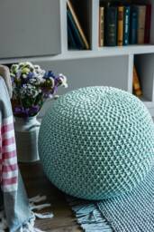 Light Green Knit Pouf, Handmade Crochet Round Footstool, Knit Large Floor Ottoman, Pale Mint Ottoman