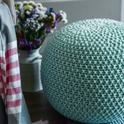 Light Green Knit Pouf, Handmade Crochet Round Footstool, Knit Large Floor Ottoman, Pale Mint Ottoman - thumbnail 2