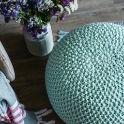 Light Green Knit Pouf, Handmade Crochet Round Footstool, Knit Large Floor Ottoman, Pale Mint Ottoman - thumbnail 4