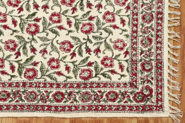 Hand Block Printed Rug Red Floral Print Runner Christmas Gift Rug Washable Flatweave Cotton 9x12, 6x6 8x10 4x18 11x11 Ft - image 1