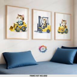 Tabby Cat Construction Prints - Set Of 3 Kids Posters - Digger Wall Art Truck Poster Bedroom Vehicle Nursery Transport Decor - thumbnail 1