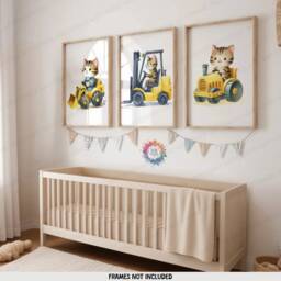 Tabby Cat Construction Prints - Set Of 3 Kids Posters - Digger Wall Art Truck Poster Bedroom Vehicle Nursery Transport Decor - thumbnail 2