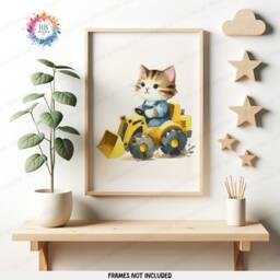 Tabby Cat Construction Prints - Set Of 3 Kids Posters - Digger Wall Art Truck Poster Bedroom Vehicle Nursery Transport Decor - thumbnail 3