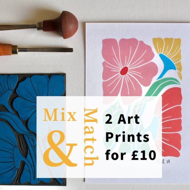 Mix & Match Art Prints Any 2 Linocut Art Prints For Gbp 10/Modern Floral Wall Bundle Birth Flowers, Daffodil, Snowdrops, Abstract A5 - image 1