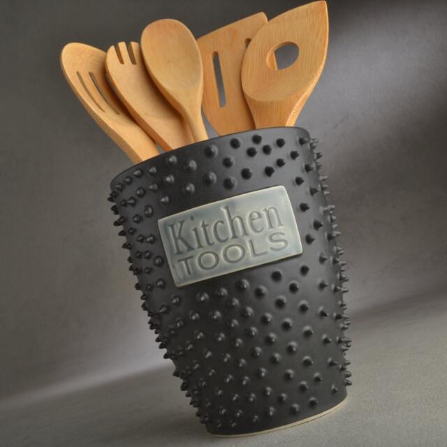 Spiky Utensil Holder Ready To Ship Black & Orange Vase By Symmetrical Pottery - image 1