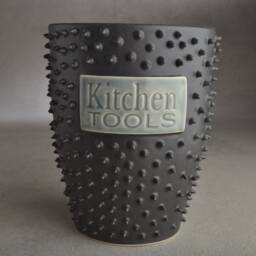Spiky Utensil Holder Ready To Ship Black & Orange Vase By Symmetrical Pottery - thumbnail 2