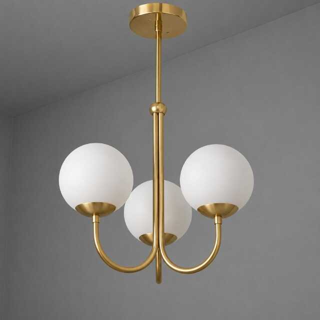 Modern Brass 3 - Globe Chandelier With White Glass Shades Living Room Fixture Pendant Light, Mid Ceiling Contemporary Light - image 1