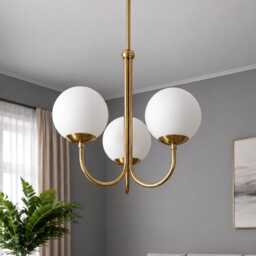 Modern Brass 3 - Globe Chandelier With White Glass Shades Living Room Fixture Pendant Light, Mid Ceiling Contemporary Light - thumbnail 2