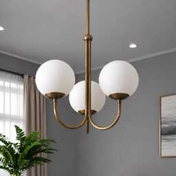 Modern Brass 3 - Globe Chandelier With White Glass Shades Living Room Fixture Pendant Light, Mid Ceiling Contemporary Light - thumbnail 3