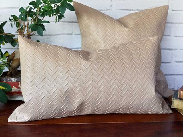 Beige Wicker Mesh Faux Leather Pillow Cover - Scandinavian Modern, 12x20'' - image 1