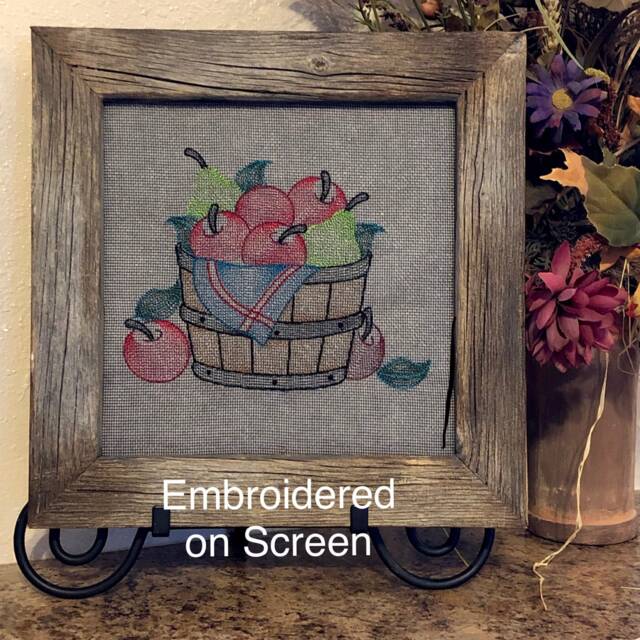 Apple Pumpkin Wall Hanging, Embroidered On Window Screen, Fruit Basket, Pears, Picture Frame, Sunflowers, Rustic Barn Wall Art Decor, Gift - image 1