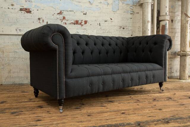 3 Seater Charcoal Grey Herringbone Wool Chesterfield Sofa - British Handmade Furniture - image 1