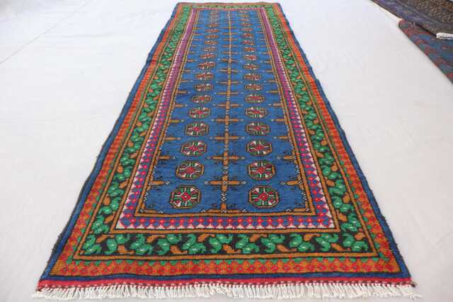 2'8x9'1 Ft Runner Rug, Turkmen Handmade Plush Wool Afghan Oriental Blue Red Terracotta Tribal Bukhara Hallway - image 1
