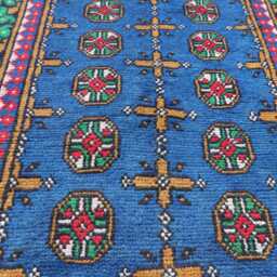 2'8x9'1 Ft Runner Rug, Turkmen Handmade Plush Wool Afghan Oriental Blue Red Terracotta Tribal Bukhara Hallway - thumbnail 3