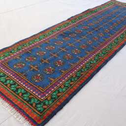 2'8x9'1 Ft Runner Rug, Turkmen Handmade Plush Wool Afghan Oriental Blue Red Terracotta Tribal Bukhara Hallway - thumbnail 2
