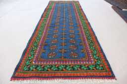 2'8x9'1 Ft Runner Rug, Turkmen Handmade Plush Wool Afghan Oriental Blue Red Terracotta Tribal Bukhara Hallway - thumbnail 1