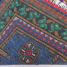 2'8x9'1 Ft Runner Rug, Turkmen Handmade Plush Wool Afghan Oriental Blue Red Terracotta Tribal Bukhara Hallway - thumbnail 4