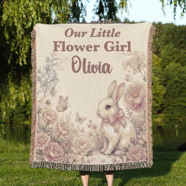 Personalized Flower Girl Blanket, Custom Name Watercolor Bunny Keepsake, Will You Be My Proposal Gift, Wedding Throw - image 1