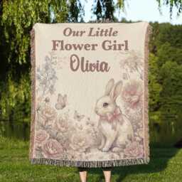 Personalized Flower Girl Blanket, Custom Name Watercolor Bunny Keepsake, Will You Be My Proposal Gift, Wedding Throw - thumbnail 1