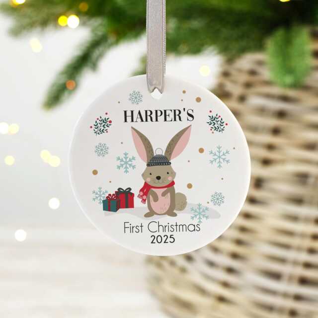 Personalised Baby's First Christmas Bauble Woodland Rabbit Xmas Decoration - image 1