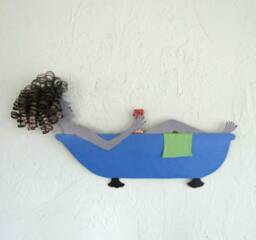 Bathtub Art Lady With Wine in The Tub Relaxing Fun Bathroom Hydrangea Blue 9 X 16 Mom Gift Ready To Ship - thumbnail 1