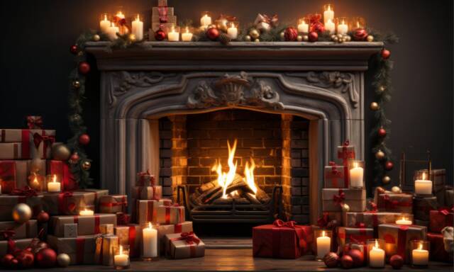 Christmas Fireplace Room Fire Hearth Backdrop Grotto Santa Father Scene Setter Adhesive Sticker Decal Print Graphic Wall Poster