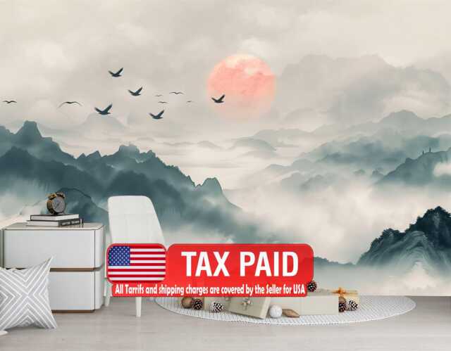 Japanese Mountain Sunset Mural, Birds, Nursery Wallpaper Decor Peel & Stick Decal - image 1