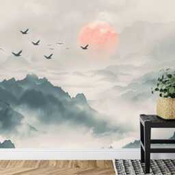 Japanese Mountain Sunset Mural, Birds, Nursery Wallpaper Decor Peel & Stick Decal - thumbnail 3