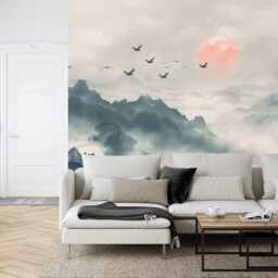 Japanese Mountain Sunset Mural, Birds, Nursery Wallpaper Decor Peel & Stick Decal - thumbnail 2