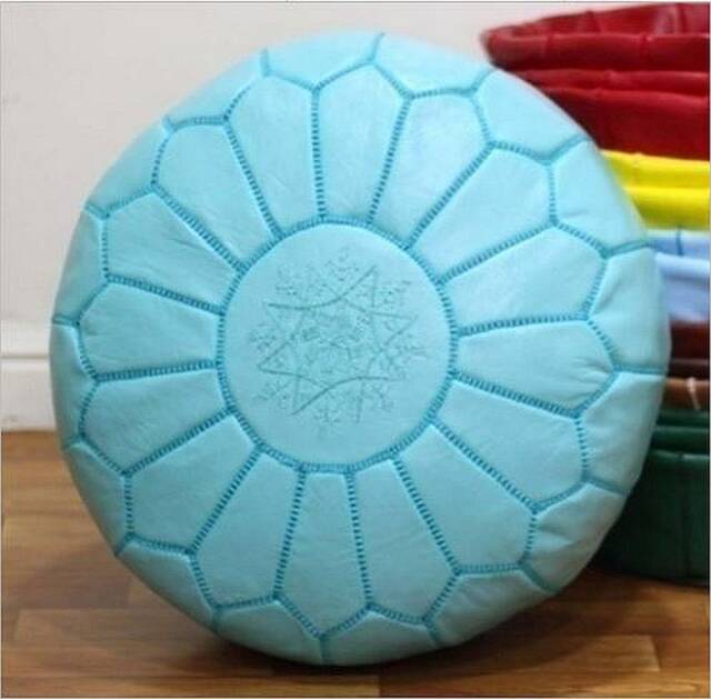 Premium Genuine Leather Moroccan Pouf Pouffe - Duck Egg