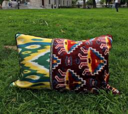 Handloomed Silk Ikat Velvet Pillow Cover Uzbek Hanwoven Art Cushion - thumbnail 1