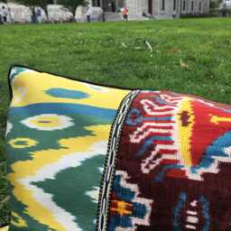 Handloomed Silk Ikat Velvet Pillow Cover Uzbek Hanwoven Art Cushion - thumbnail 2