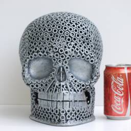 Gothic Metal Skull Sculpture, Recycled Scrap Steel Art, Steampunk Decor, Halloween Gift - thumbnail 2