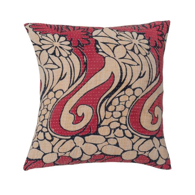 Kantha Cushion Cover - Beige & Navy On Raspberry 40cm X 40cm, Stitched, Decorative Cover, Handmade