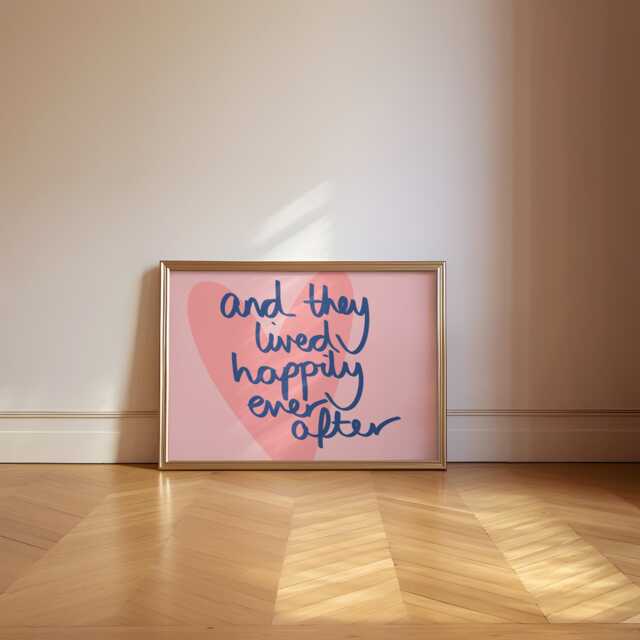 And They Lived Happily Ever After Art Print, Handwritten Cute Retro Quote Poster, Mid Century Pink Wall Art, Whimsical Romantic Typography - image 1