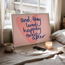 And They Lived Happily Ever After Art Print, Handwritten Cute Retro Quote Poster, Mid Century Pink Wall Art, Whimsical Romantic Typography - thumbnail 2
