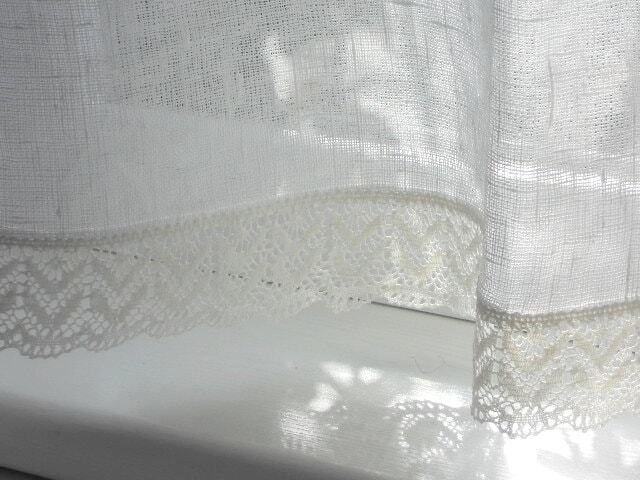 White Linen Kitchen Cafe Curtain Rustic Lace Trim, French Shabby Chic - image 1
