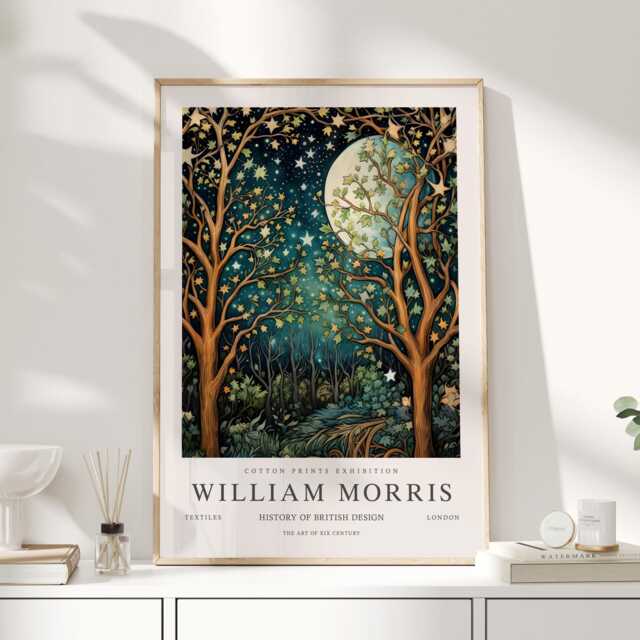 William Morris Print, Art, Teal Wall Celestial Artwork, Moon Space Night Sky Print, Moon & Stars - image 1