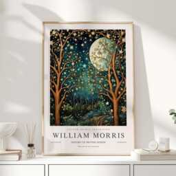 William Morris Print, Art, Teal Wall Celestial Artwork, Moon Space Night Sky Print, Moon & Stars - thumbnail 1