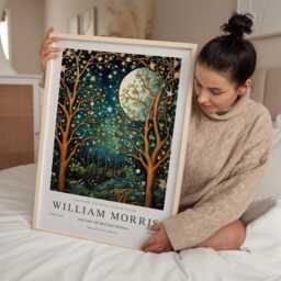 William Morris Print, Art, Teal Wall Celestial Artwork, Moon Space Night Sky Print, Moon & Stars - thumbnail 2
