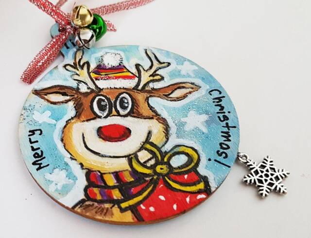 Hand Painted Reindeer Christmas Ornament, Wood Hanging Bauble - image 1