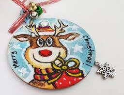 Hand Painted Reindeer Christmas Ornament, Wood Hanging Bauble - thumbnail 1
