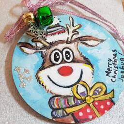 Hand Painted Reindeer Christmas Ornament, Wood Hanging Bauble - thumbnail 2