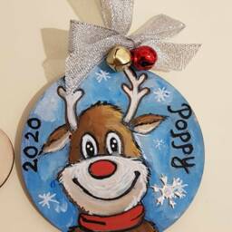 Hand Painted Reindeer Christmas Ornament, Wood Hanging Bauble - thumbnail 3