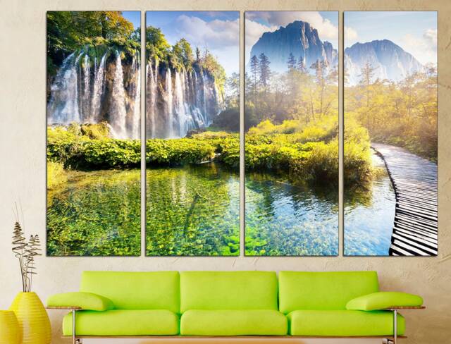 Waterfall Decor Green Mountain River Painting New House Gift Forest Canvas Art Picture Abstract - image 1