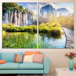Waterfall Decor Green Mountain River Painting New House Gift Forest Canvas Art Picture Abstract - thumbnail 3