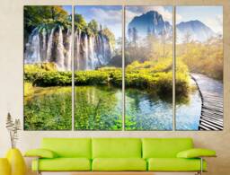 Waterfall Decor Green Mountain River Painting New House Gift Forest Canvas Art Picture Abstract - thumbnail 1