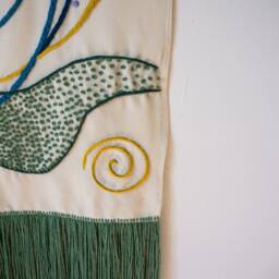 Hand-Embroidered Cream & Sage Green Wall Tapestry - Large Minimalist Textile Art 60??115 Modern Home Decor New Or Mother's Day Gift - thumbnail 2